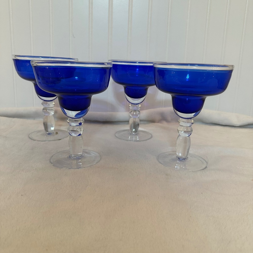 Vintage Margarita Glasses Set of 4 Cobalt Blue Clear Bubble Stem Excellent MCM